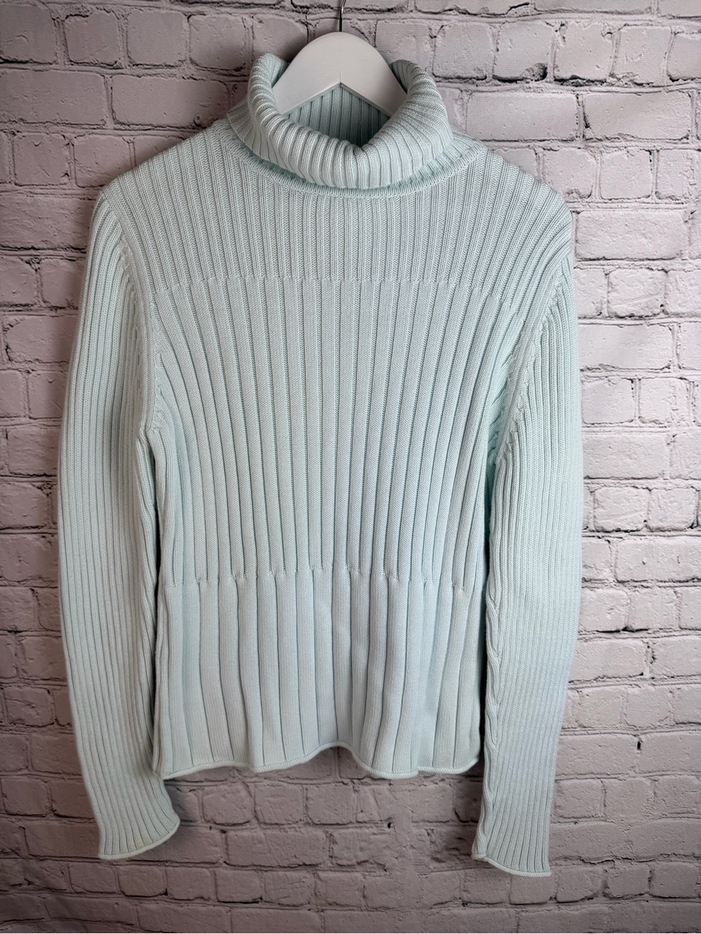 J. JILL Pale Aqua Ribbed Turtleneck Sweater Soft Stretch Knit Spring Layering
